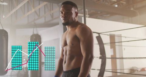 Fit boxer pausing between rounds in industrial gym with blue hand wraps and data overlays