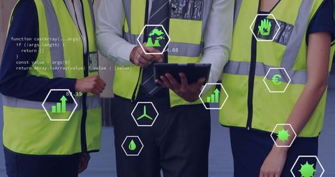 Business Team Analyzing Digital interface with Sustainability Icons