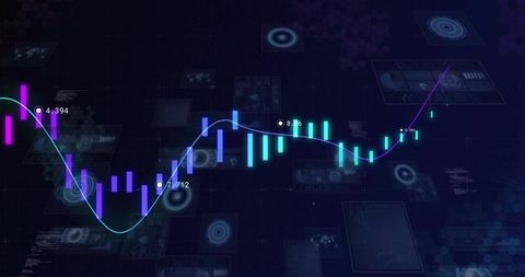 Futuristic Neon Trading Chart Featuring Glowing Candlesticks, Curved Trendline Data HUD