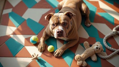 Playful pit bull with toys in modern home interior