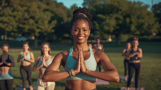 Smiling female fitness instructor leading outdoor yoga class on park grass with group