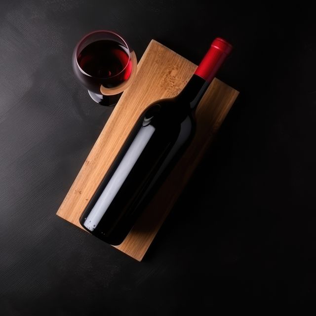 This photo features a bottle of red wine with a glass on a wooden board. There is a dark background that provides a sophisticated and elegant atmosphere. Ideal for use in advertisements for wine, articles about food and drink, restaurant menus, or promotional materials emphasizing luxury and gourmet aesthetics.