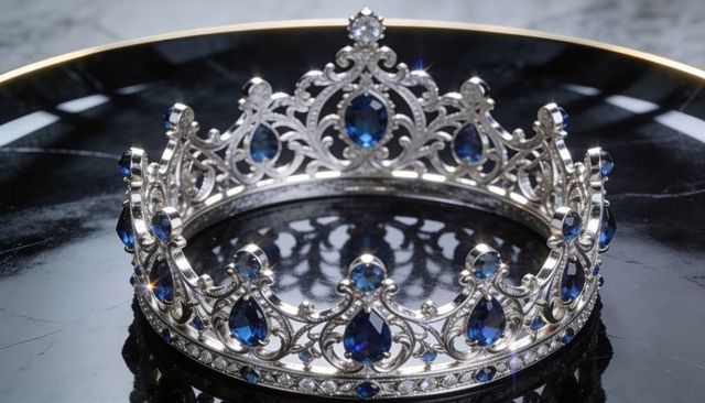 Gleaming silver tiara featuring deep-blue sapphires resting on gold-rimmed black platter