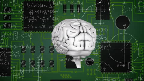 Human Brain Over Circuit Board with Mathematical Formulas