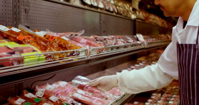 A butcher arranges various meat products on the shelves in a grocery store, with copy space. Ensuring the display is well-stocked and appealing, the butcher plays a key role in the presentation and sale of fresh meats.