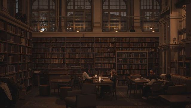 Warm historic library with students studying using laptops and books under vintage lamps