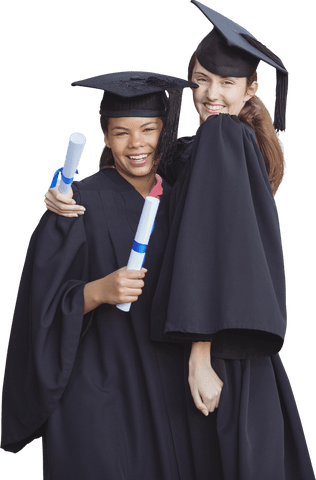 Transparent image of diverse happy female graduates, embracing success