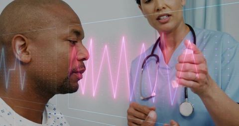 Clinician demonstrating holographic ecg waveform to patient during cardiovascular consultation