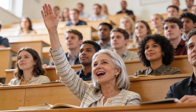 Senior woman raising hand in university lecture hall, engaged student among diverse peers