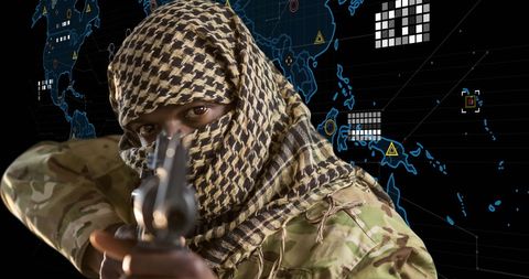 Soldier in Ghutra Aiming Gun Against Digital World Map Background - Download Free Stock Images Pikwizard.com