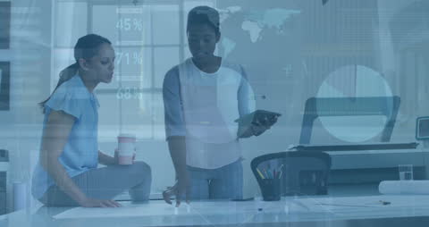 Diverse Business Team Analyzing Financial Data with Technology Overlay