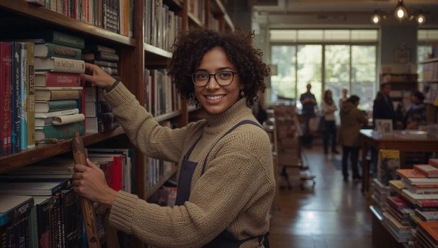 Smiling bookseller arranging books on ladder in cozy sunlit independent bookstore