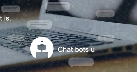 Chatbot notification overlay on laptop keyboard with robot logo and floating chat bubbles