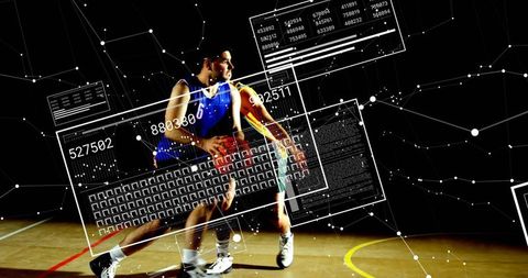 Dribbling and guarding basketball players with ar analytics overlay and holographic stats