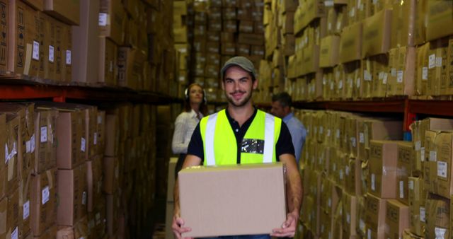 Warehouse worker carrying cardboard box in storage facility - Download Free Stock Images Pikwizard.com