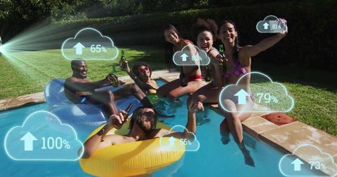 Friends Enjoying Summer Pool Party with Cloud Graphics