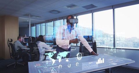 Businessman using virtual reality for futuristic data interaction