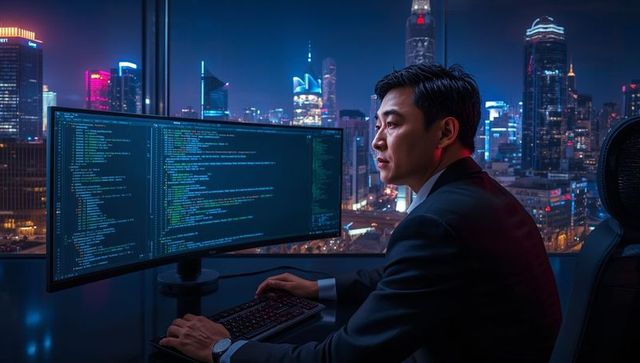 Engineer coding on high-tech monitor in urban night office