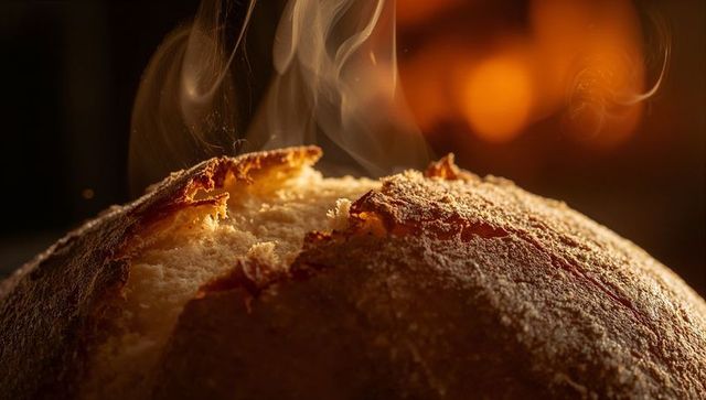 Rustic sourdough loaf releasing steam over oven glow flour-dusted crust close-up