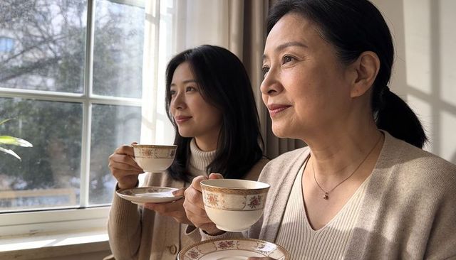 Mother and daughter sharing morning tea by window gazing toward sunlit view