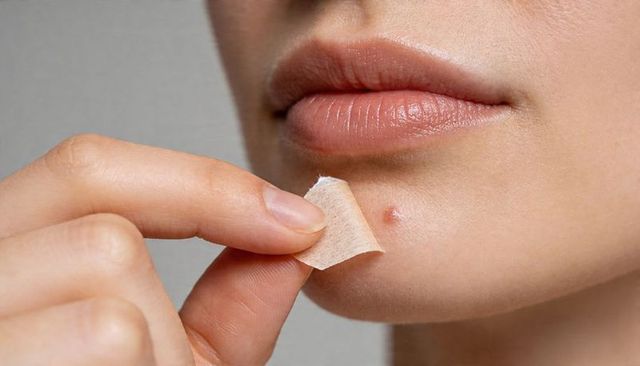 Woman peeling pore strip from chin revealing inflamed pimple close-up skincare
