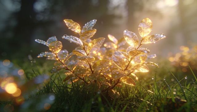 Golden backlit seedling with dew drops sparkling on wet grass morning sunlight glow
