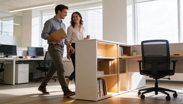 Two coworkers walking and talking through bright modern open-plan office, business-casual