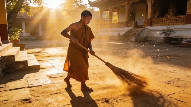 Young novice monk sweeping temple courtyard at golden hour, raising dust in warm sunlight