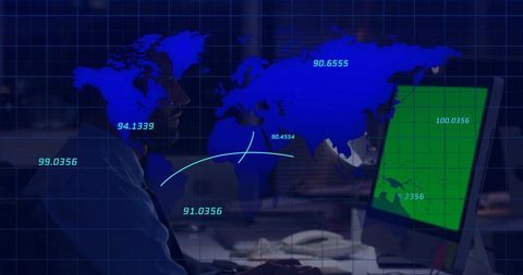 Business analyst studying global data dashboard with futuristic world map overlay