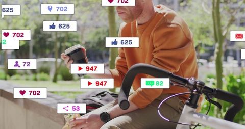 Man Relaxing Outdoors with Social Media Icons Overlay