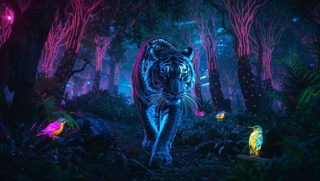 Blue-striped tiger in neon jungle nightscape