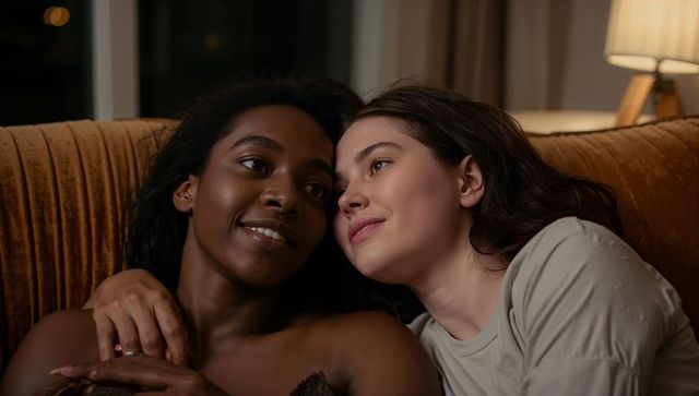 Two women cuddling on rust velvet sofa during cozy night in with warm lamp glow