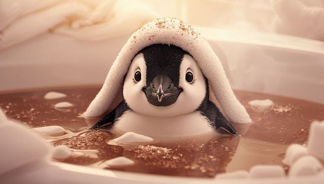 Adorable penguin chick bathing in hot chocolate with towel hood and marshmallows closeup