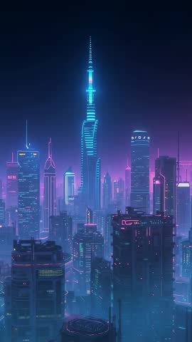Neon Cyberpunk Skyline Vertical Video Featuring Central Spire Flickering in Misty Night