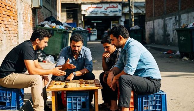 Four men playing checkers on board while sitting on crates in urban alley near market