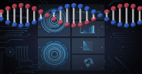 Digital DNA Helix Running Across Futuristic Tech Interface with Data Dashboards