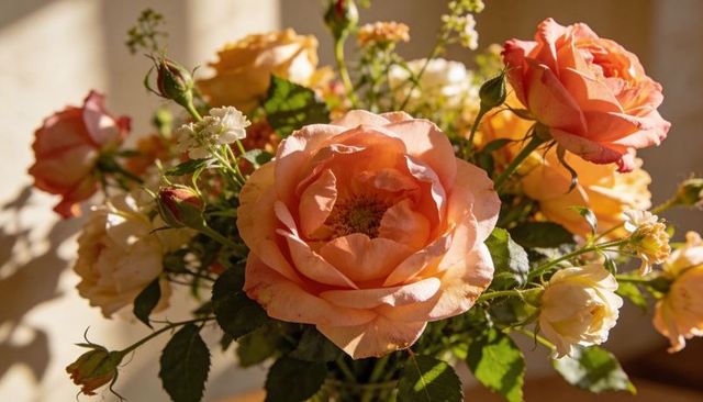 Peach orange rose bouquet glowing in warm sunlight on wooden tabletop rustic home decor