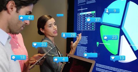 Team presenting data analysis using interactive touchscreen