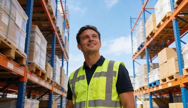 Logistics worker standing and gazing upward between pallet racks wearing hi-vis safety vest