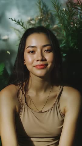 Smiling Asian Woman Tilting After Camera Cue | Vertical Studio Portrait with Warm Bokeh