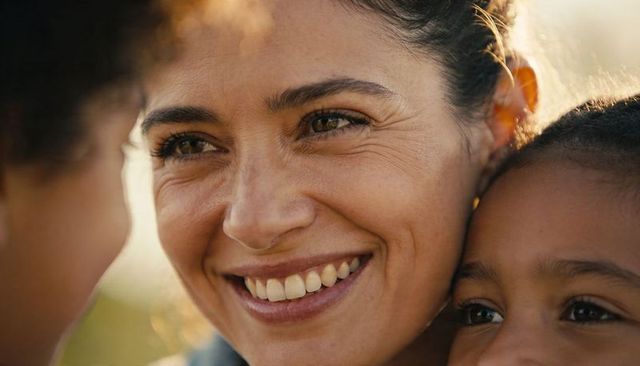 Sunlit mother smiling and leaning toward child, close-up portrait of warmth and connection