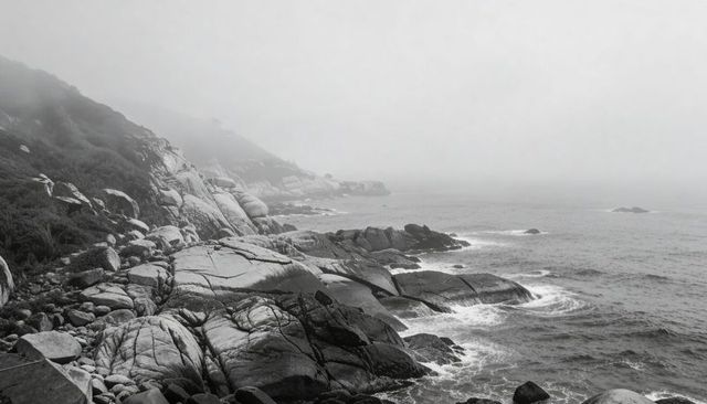 Foggy granite coastline with weathered boulders and rolling waves, moody monochrome
