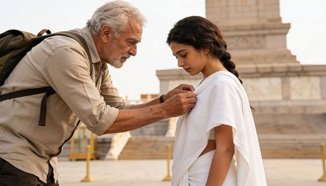 Senior traveler adjusting sari on young woman at historic monument plaza