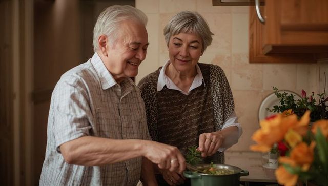 Smiling senior couple cooking together in cozy kitchen stirring soup and adding fresh herbs