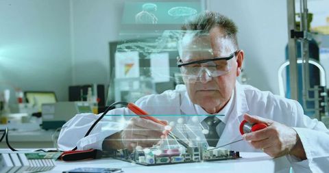 Scientist Testing Circuit Board with Virtual Neural Display