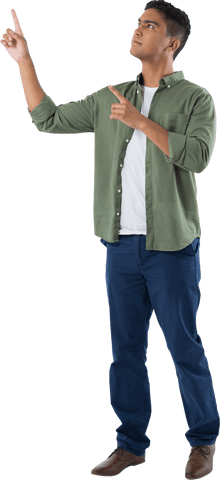 Full length transparent man confidently gesturing upward
