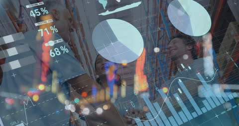 A digital visualization of interconnected charts and graphs overlays a diverse team of female and male warehouse workers. They appear spirited, capturing collaboration and productivity in a logistics setting. This visual symbolizes data-driven decision-making processes in business, ideal for marketing materials, corporate presentations, or articles focusing on innovation in supply chain management and teamwork.