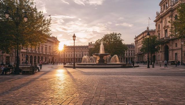 Golden sunset over historic european square with central fountain and cobblestone plaza