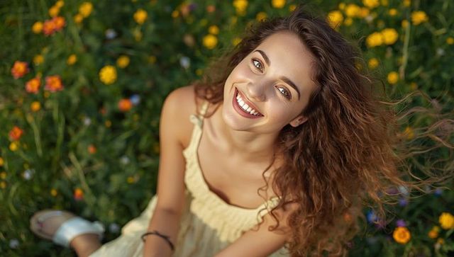 Joyful Woman in Wildflower Meadow Embracing Nature and Serenity
