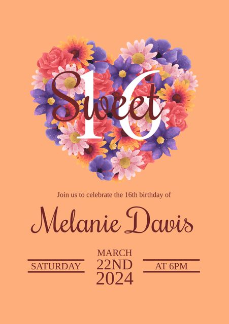 This vibrant invitation features a floral heart design against an orange background, perfect for a sweet sixteen birthday celebration. The combination of colorful flowers and elegant typography makes it ideal for inviting guests to a sixteen-year-old's birthday party in a stylish and festive manner. Suitable for printing or digital sharing.
